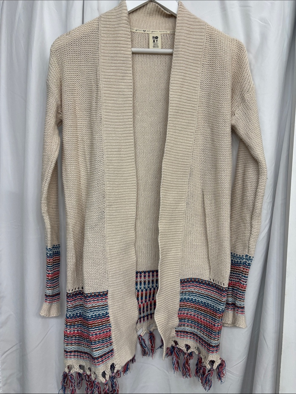 Roxy Cream Open-Front Cardigan with Multicolor Hem and Fringe